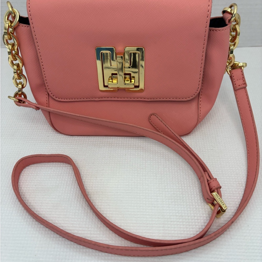 Tommy Hilfiger Coral Pink Leather Crossbody Bag with Gold Hardware